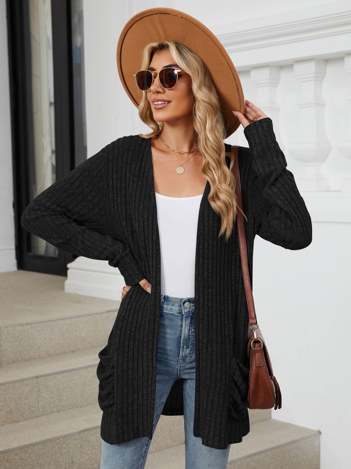 Pocketed Open Front Long Sleeve Cardigan Trendsi