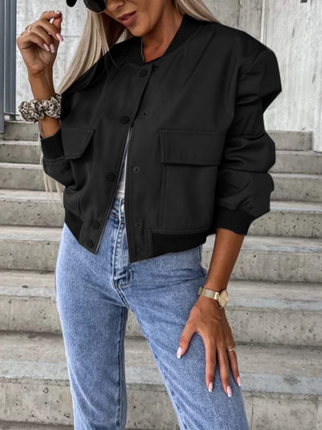 Baseball Collar Dropped Shoulder Jacket Trendsi