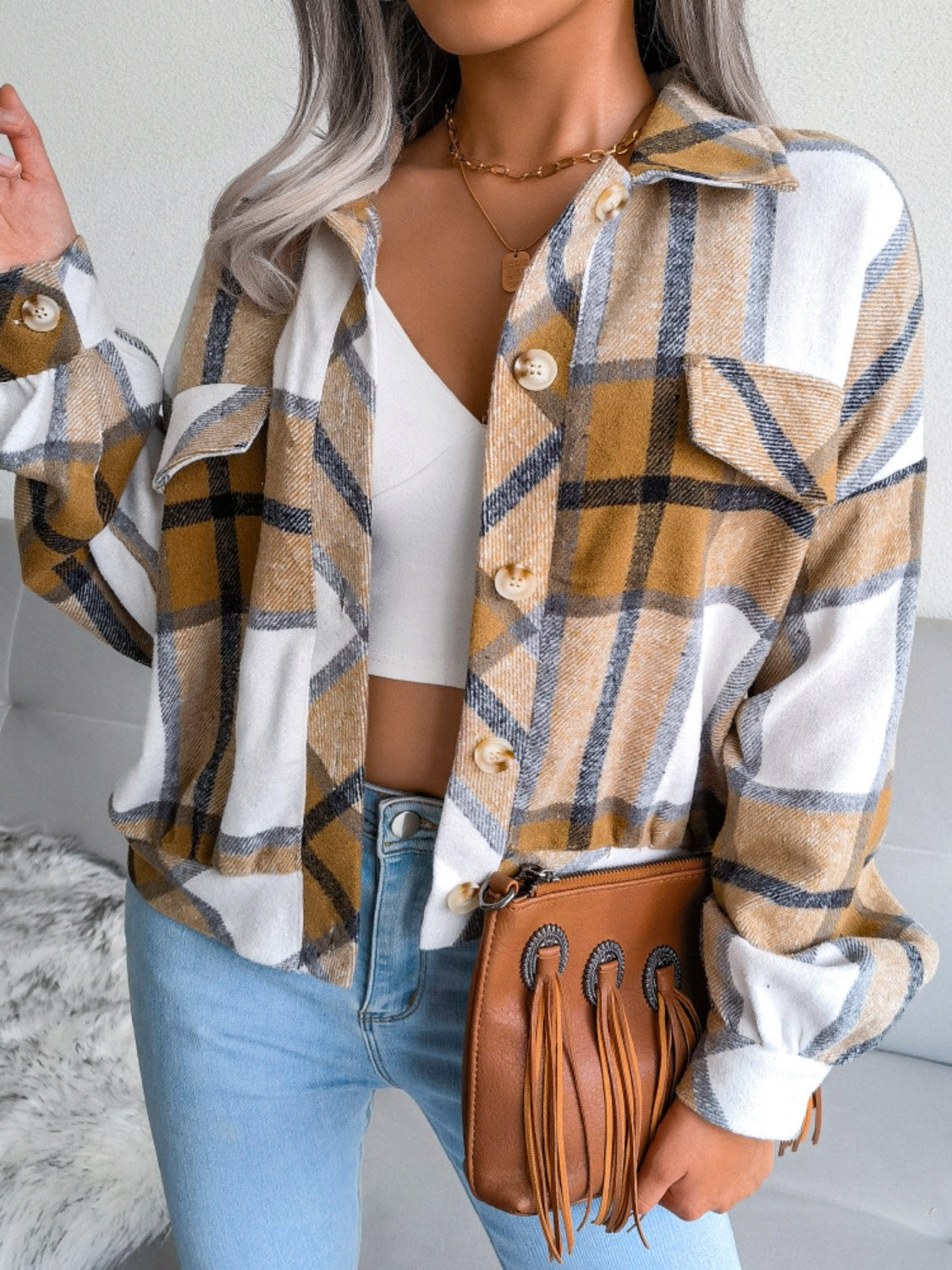 Plaid Collared Neck Long Sleeve Jacket Trendsi