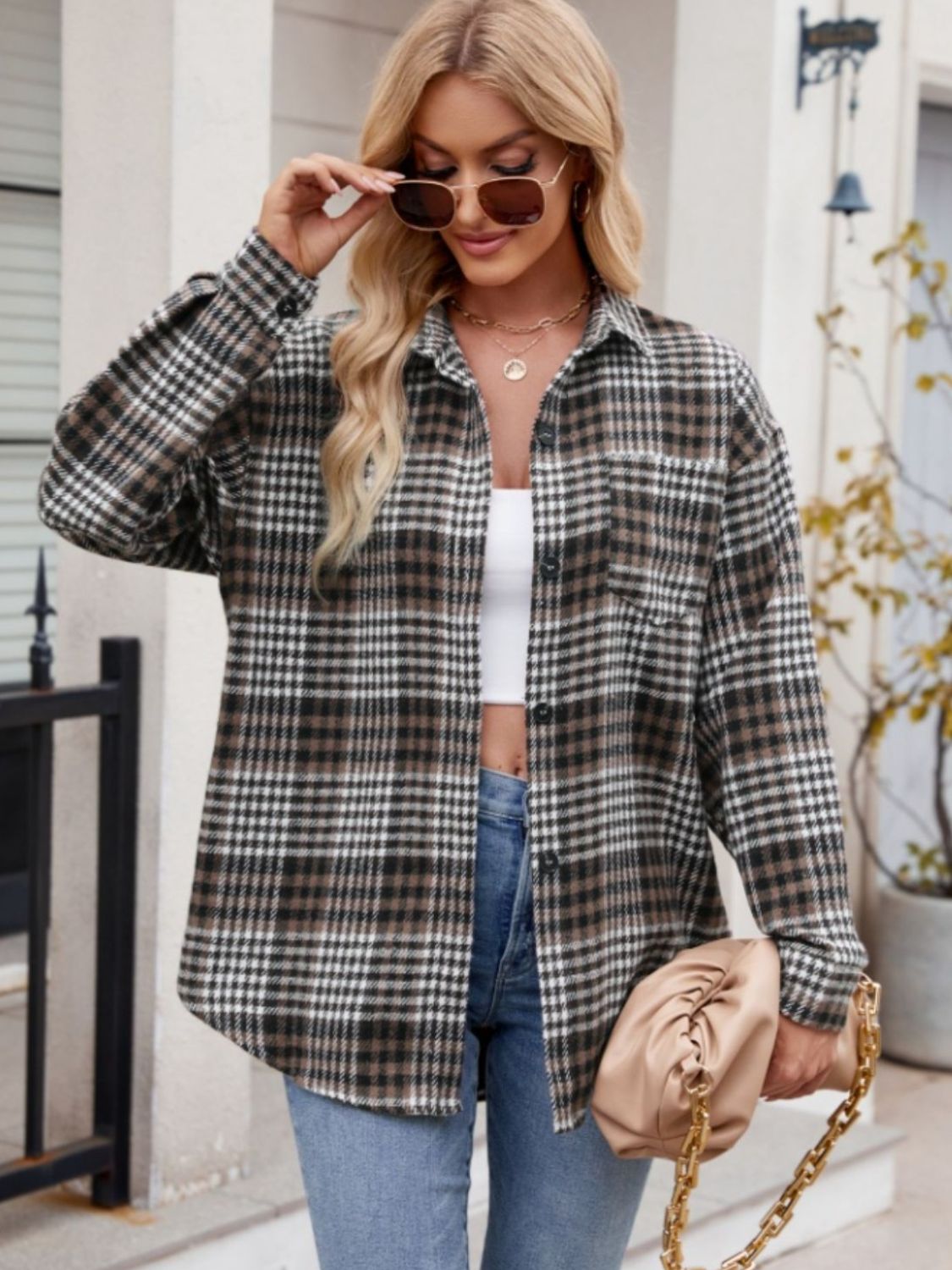 Throw -It-On Plaid Collared Neck Long Sleeve Shirt - House of Cardwell