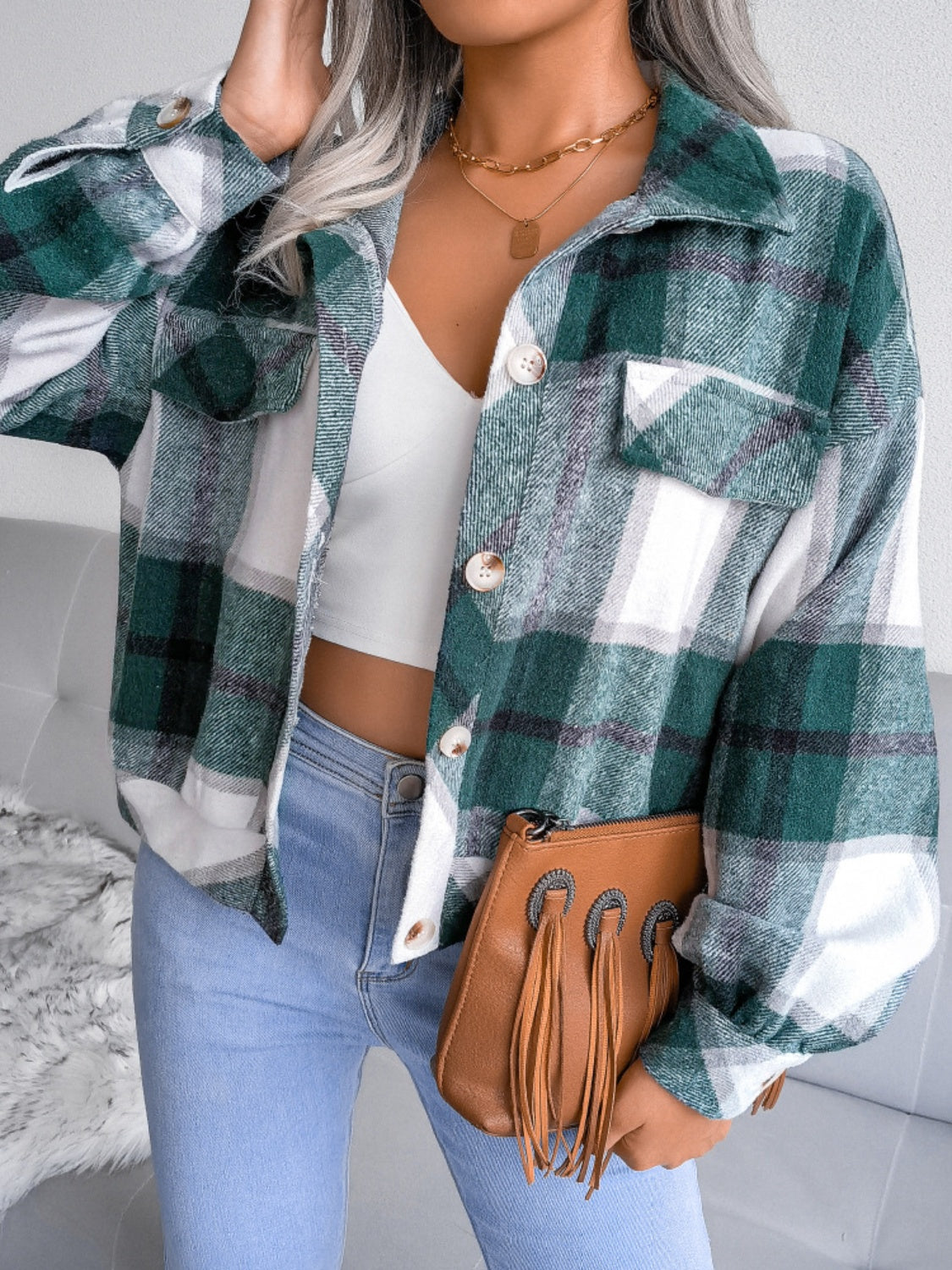 Plaid Collared Neck Long Sleeve Jacket Trendsi