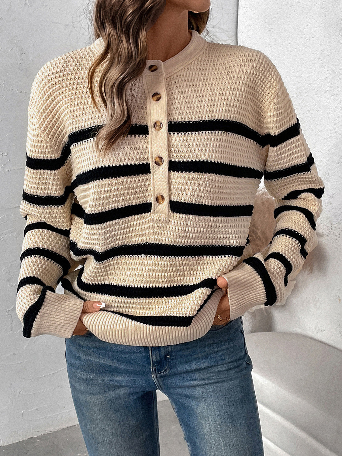 Perfee Striped Half Button Long Sleeve Sweater Trendsi