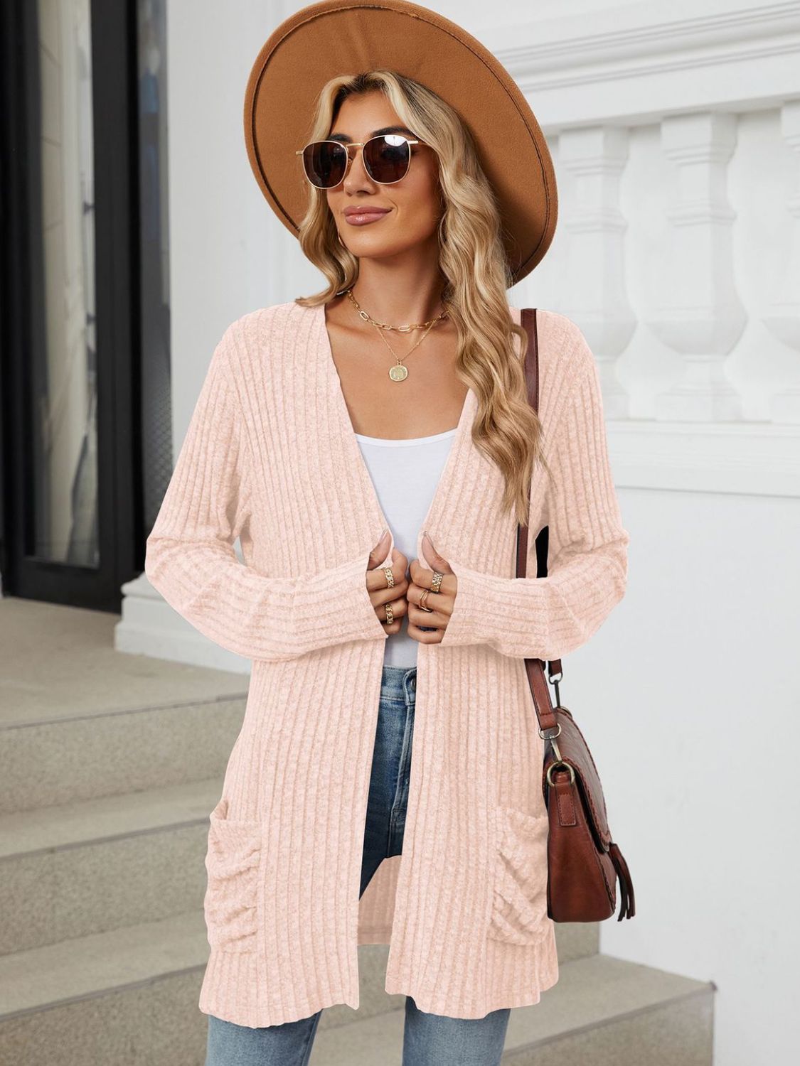 Pocketed Open Front Long Sleeve Cardigan Trendsi