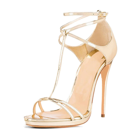 Beige and Black Patent Leather T Shaped Open Toe Bag High Heeled Sandals eprolo