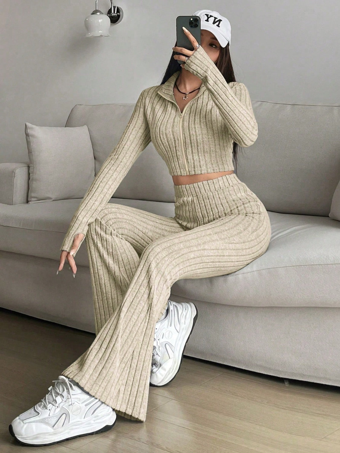 Honey Zip Up Long Sleeve Top and Pants Set Trendsi