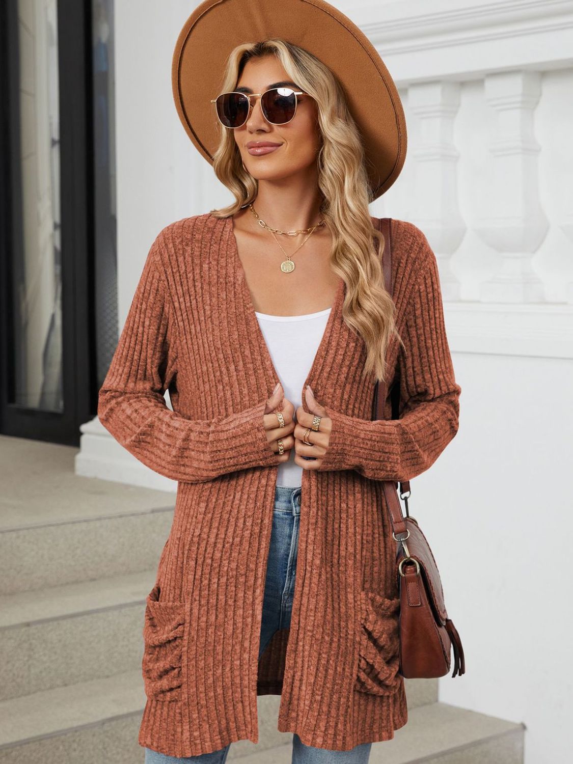 Pocketed Open Front Long Sleeve Cardigan Trendsi