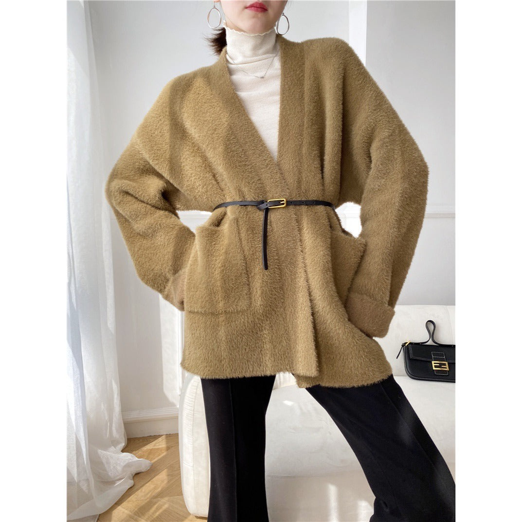 Heavy cargo temperament imitates mink fur sweater jacket women's loose and lazy thick knitted cardigan without shedding hair eprolo