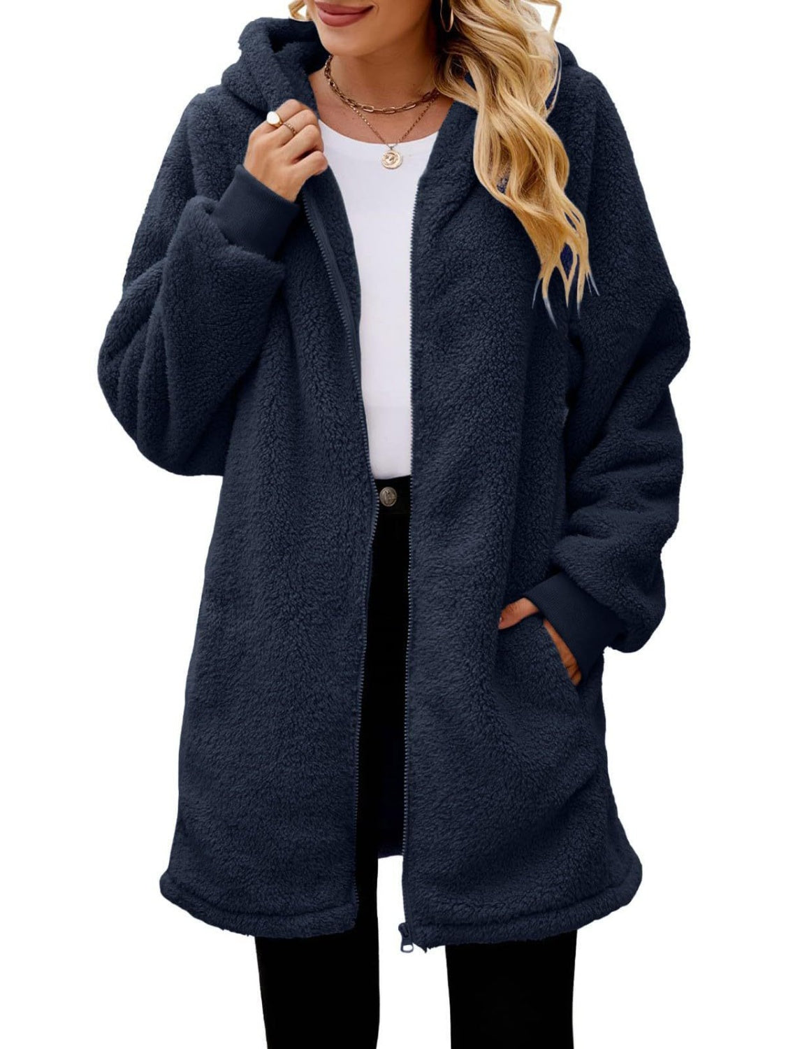 Fuzzy Pocketed Zip Up Long Sleeve Hooded Jacket Trendsi