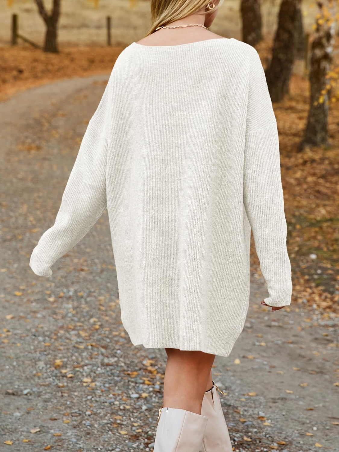 V-Neck Dropped Shoulder Sweater Dress Trendsi