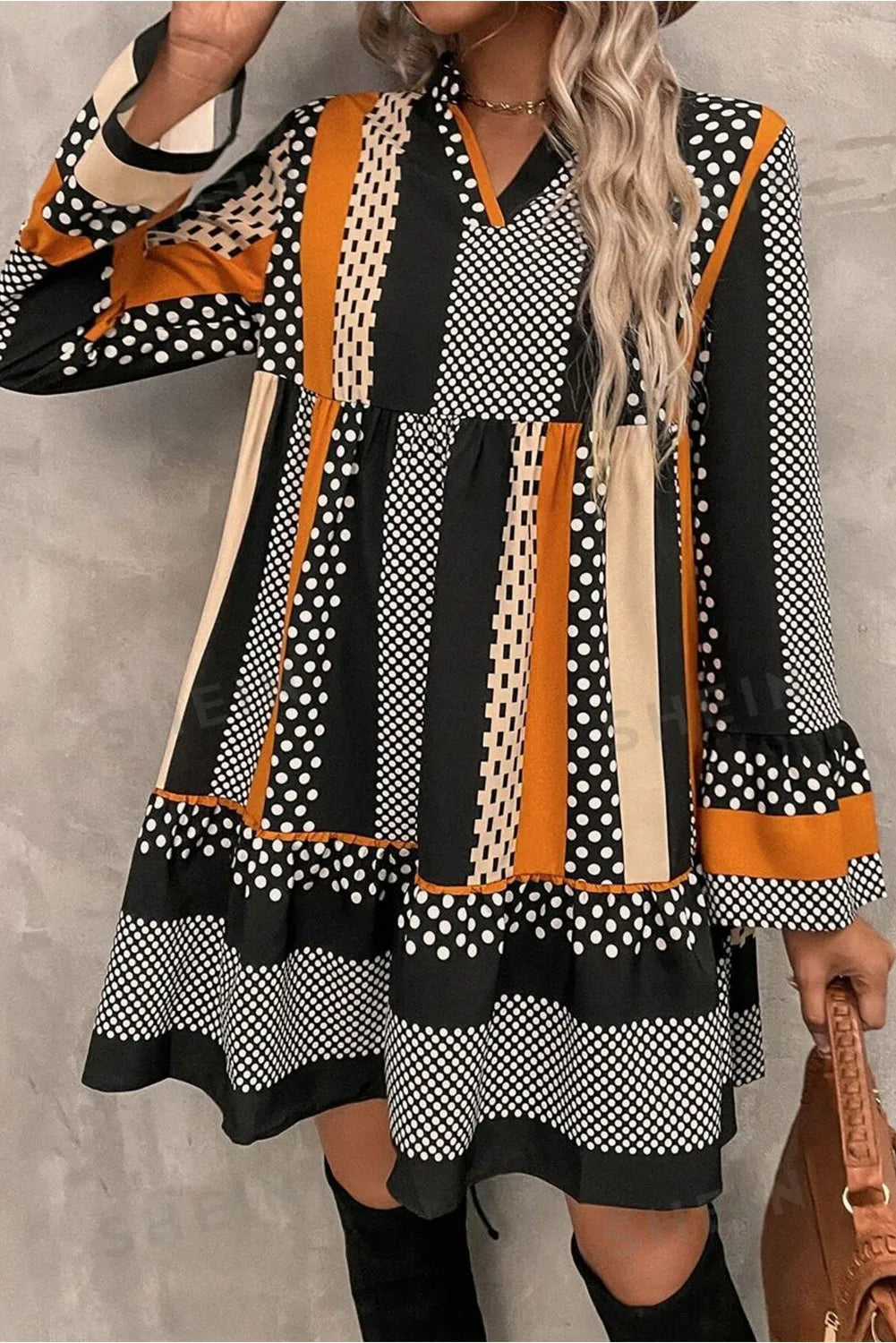 Printed Notched Long Sleeve Mini Dress Trendsi