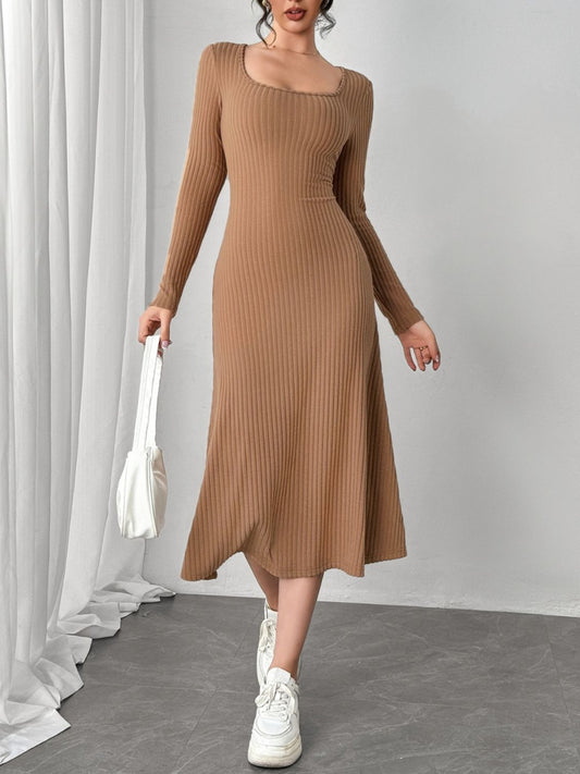 Square Neck Long Sleeve Midi Wrap Dress Trendsi