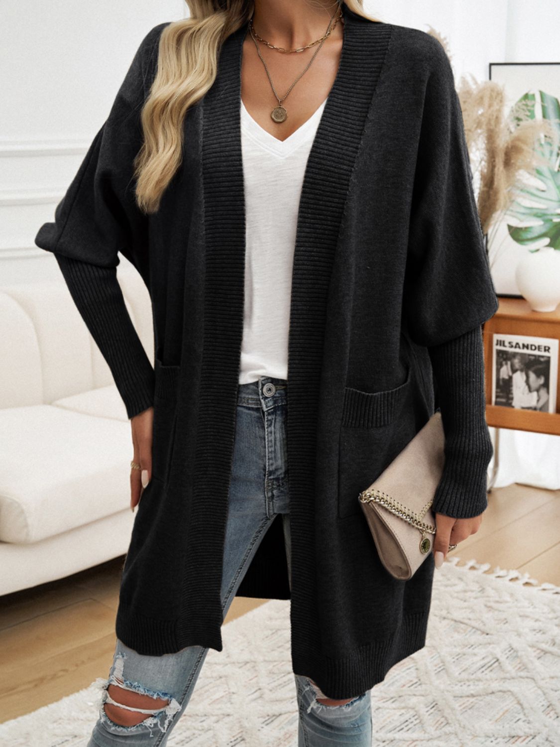 Devine Open Front Long Sleeve Cardigan Trendsi