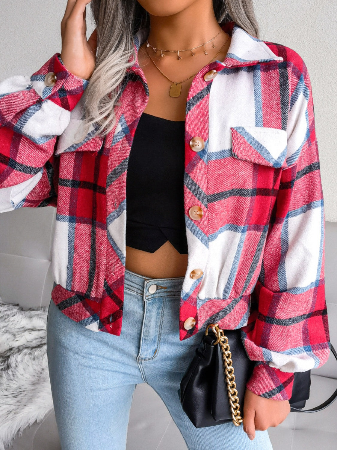 Plaid Collared Neck Long Sleeve Jacket Trendsi