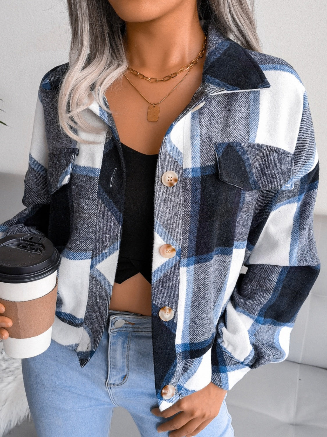 Plaid Collared Neck Long Sleeve Jacket Trendsi