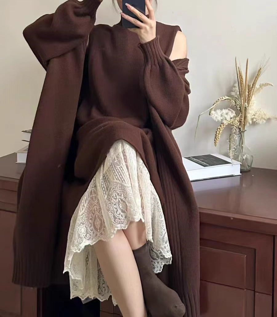 Lazy style long vest dress knitted cardigan set autumn and winter thick temperament versatile sweater jacket eprolo