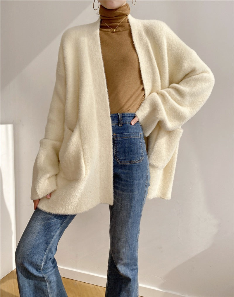 Heavy cargo temperament imitates mink fur sweater jacket women's loose and lazy thick knitted cardigan without shedding hair eprolo