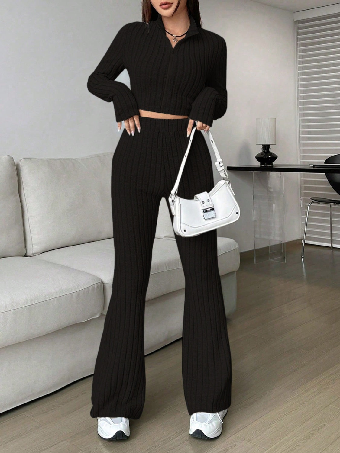 Honey Zip Up Long Sleeve Top and Pants Set Trendsi