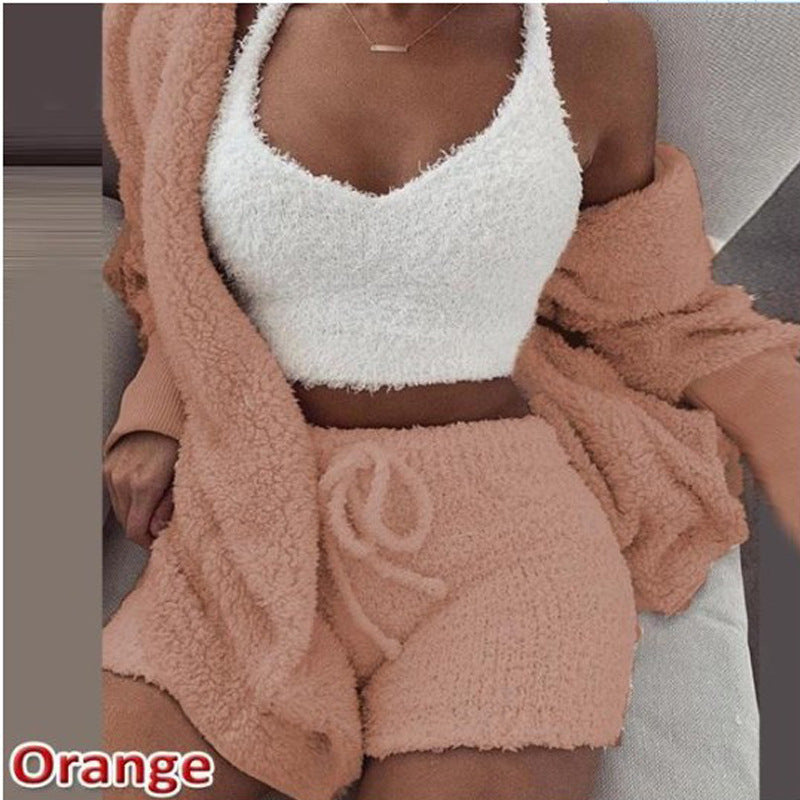 HOC Winter Plush Home Wear, Casual 3Pcs Pajamas Long Sleeved Shorts Sports Set eprolo