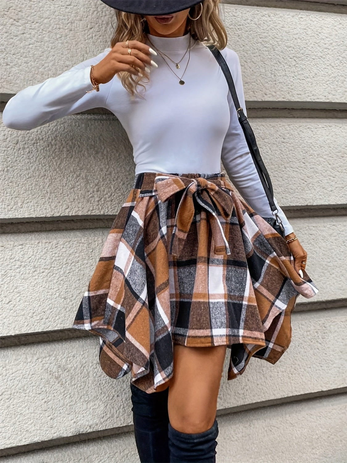 Tied Plaid Asymmetrical Hem Skirt Trendsi