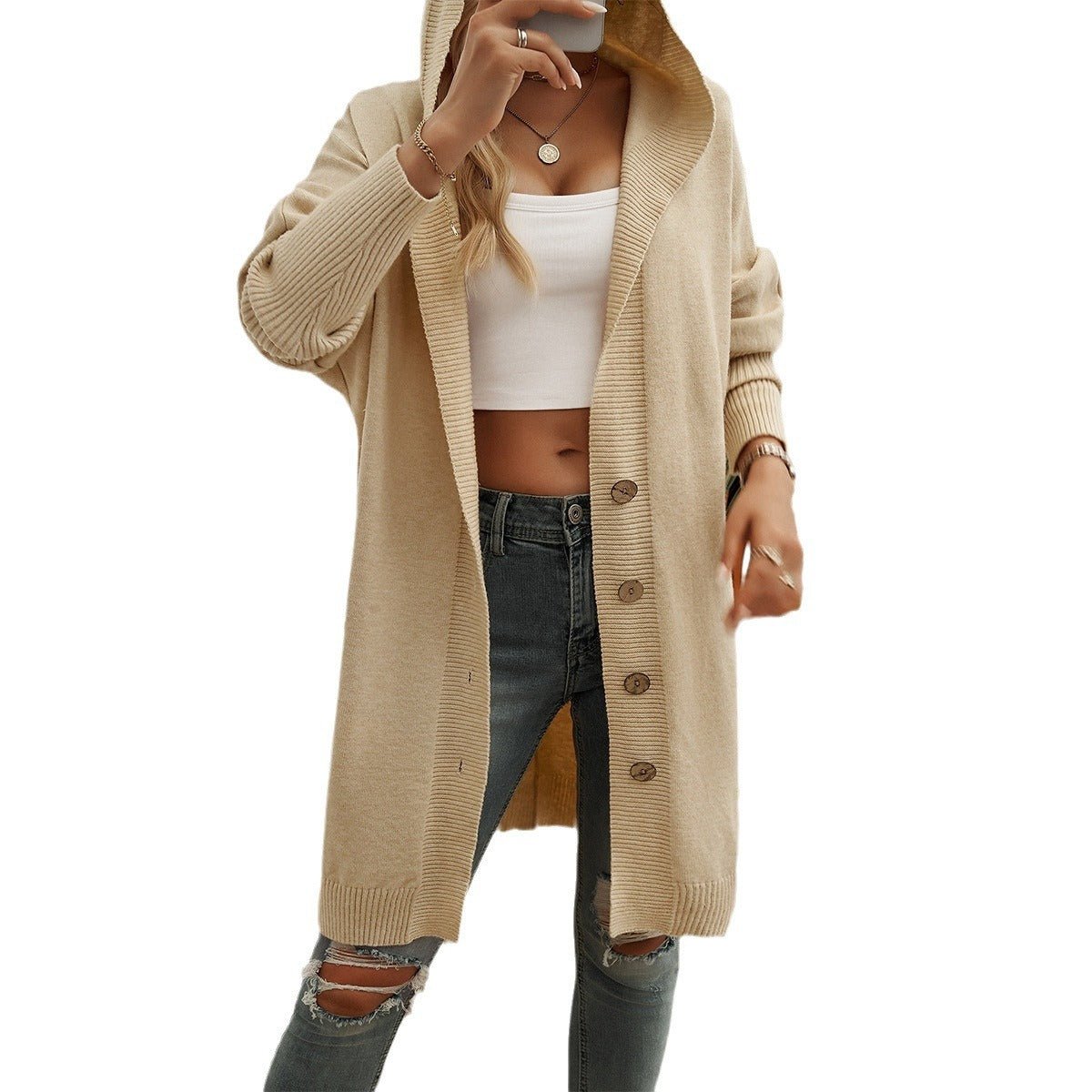 Autumn and Winter casual loose-breasted hooded cardigan breasted eprolo