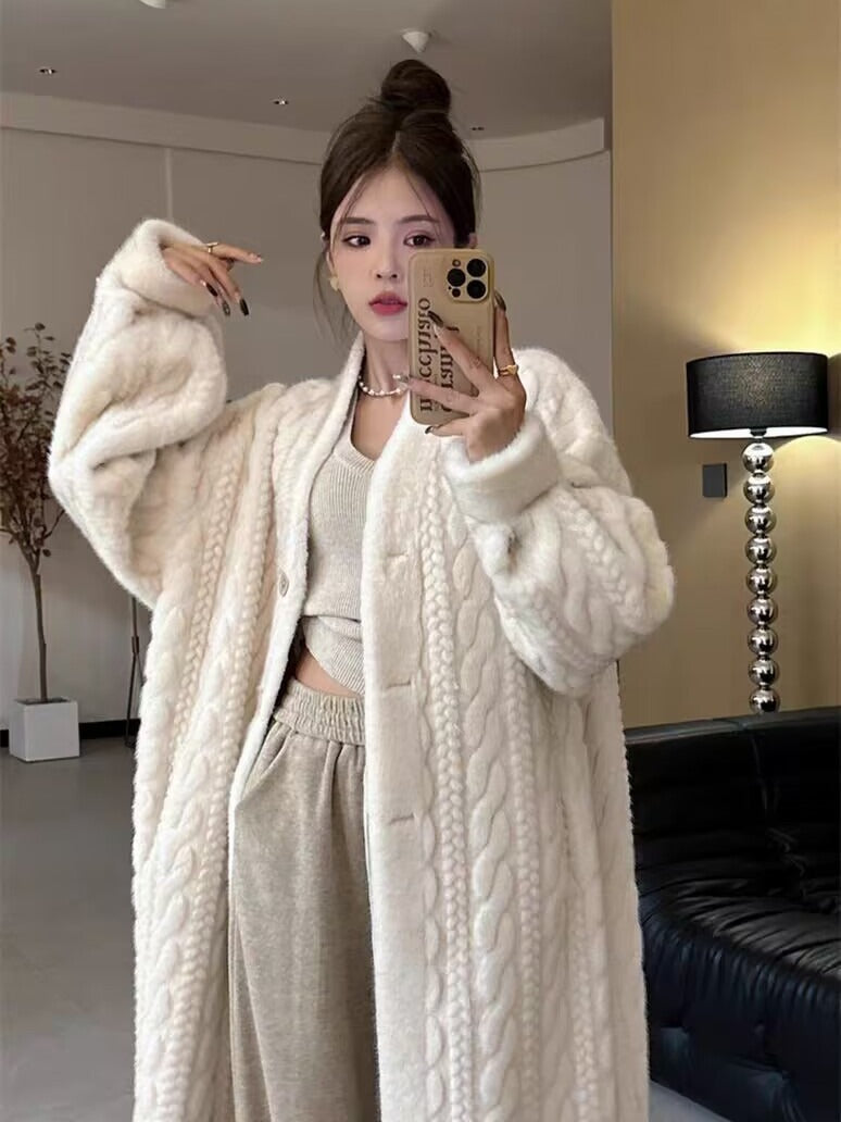 Thick and long plus knee length mink fur cardigan coat with integrated fur and eco-friendly fur coat eprolo