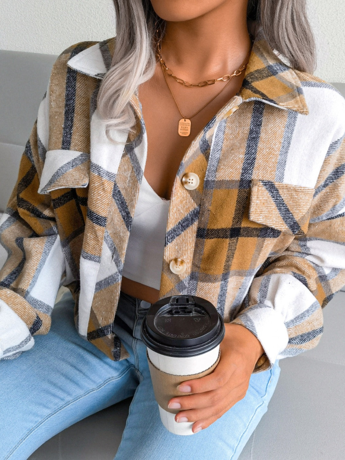 Plaid Collared Neck Long Sleeve Jacket Trendsi