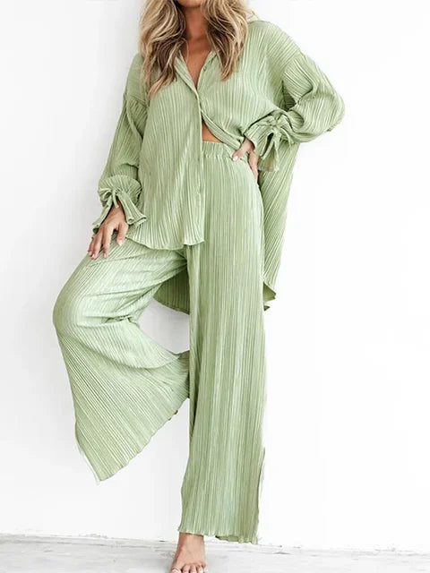 Solid color pleated long sleeved cardigan shirt split top pants two-piece set - House of Cardwell