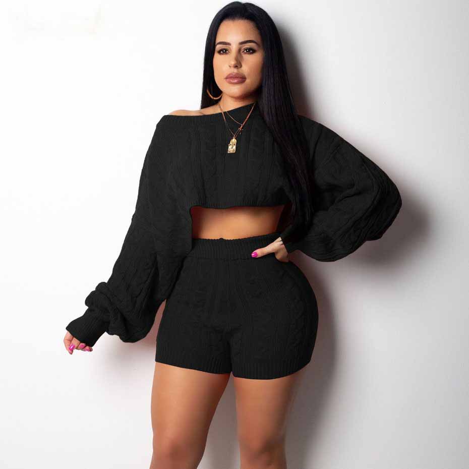 H.O.C Two Piece Fall/Winter Long Sleeve Knit Sweater Tops Bodycon Shorts Sexy Matching Sets eprolo