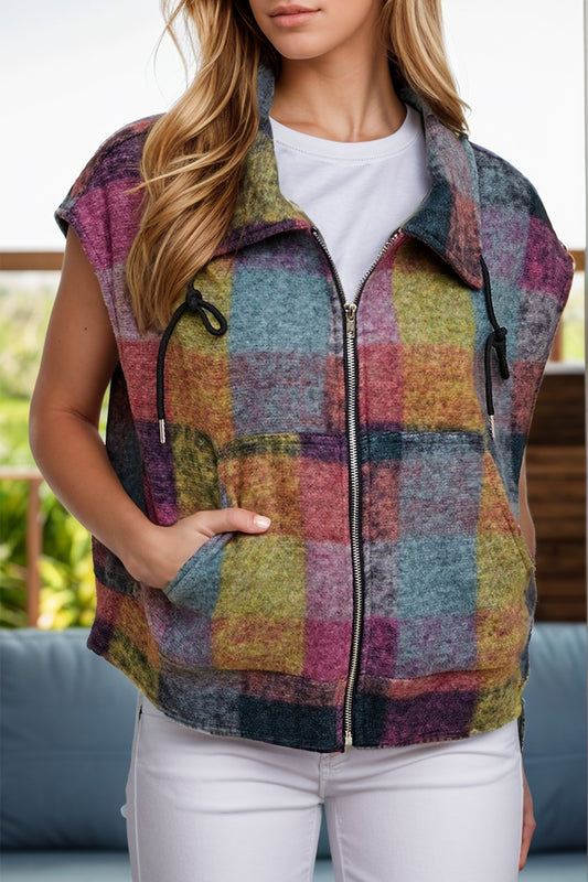 Plaid Zip Up Collared Neck Vest Coat Trendsi