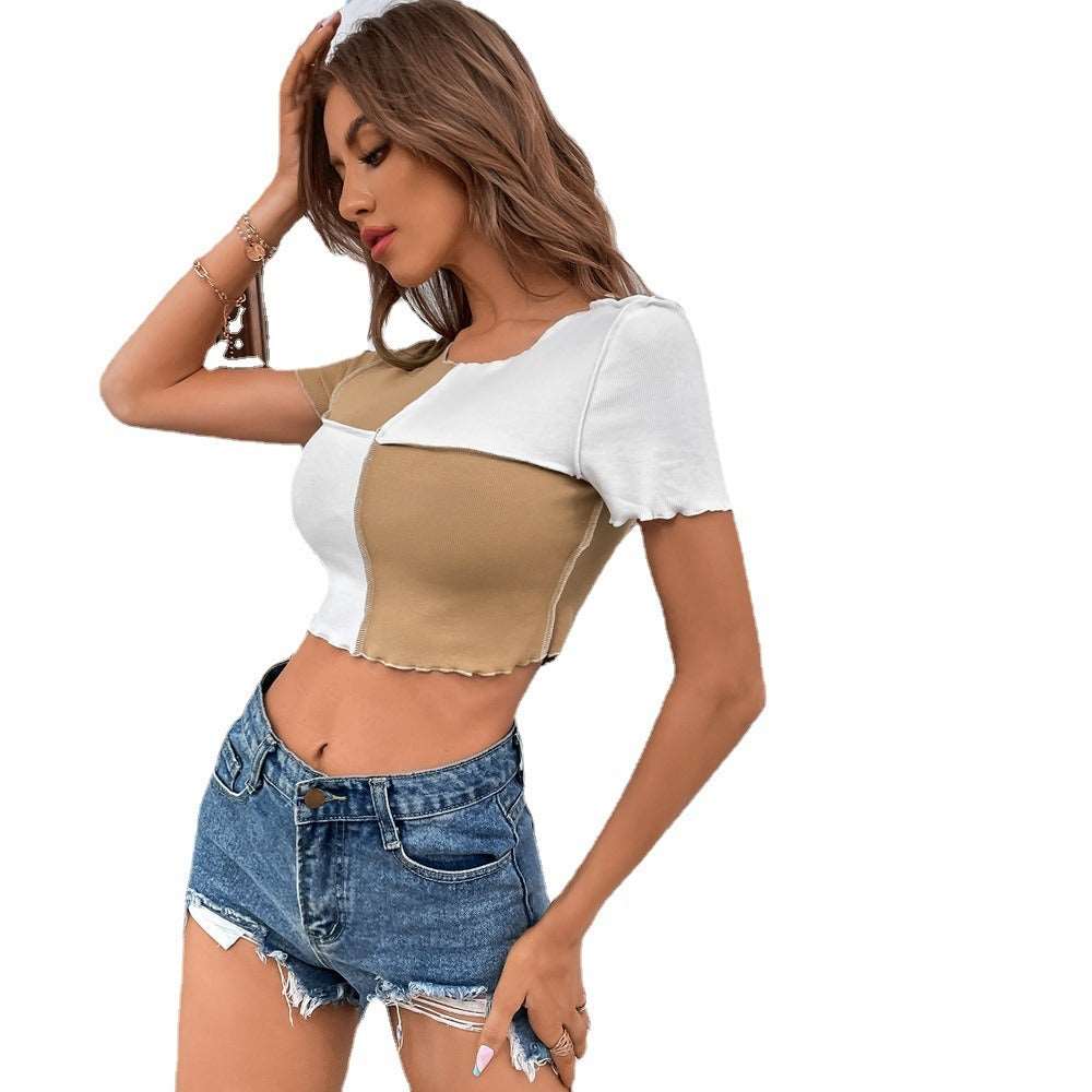 Contrast stitching exposed knitted short-sleeved T-shirt top - House of Cardwell