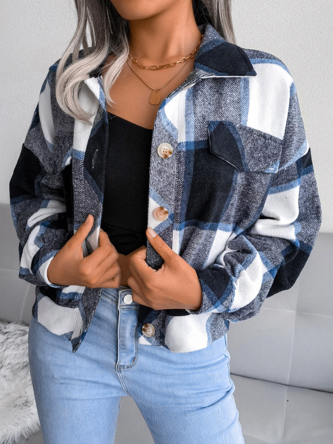 Plaid Collared Neck Long Sleeve Jacket Trendsi