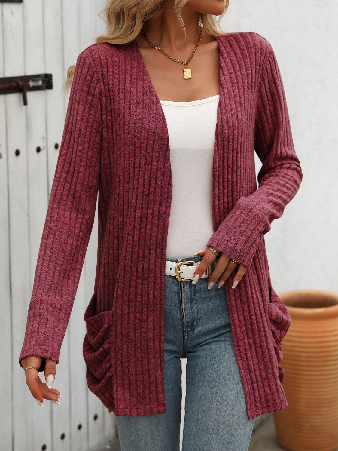 Mandy Open Front Long Sleeve Ribbed Cardigan Trendsi