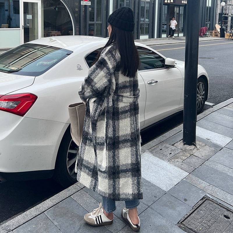 Retro plaid woolen coat women's autumn and winter Korean version loose and thick mid to long over the knee woolen coat eprolo