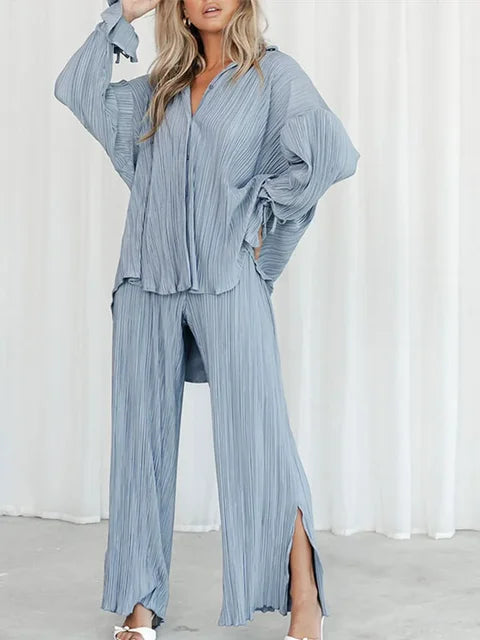 Solid color pleated long sleeved cardigan shirt split top pants two-piece set - House of Cardwell