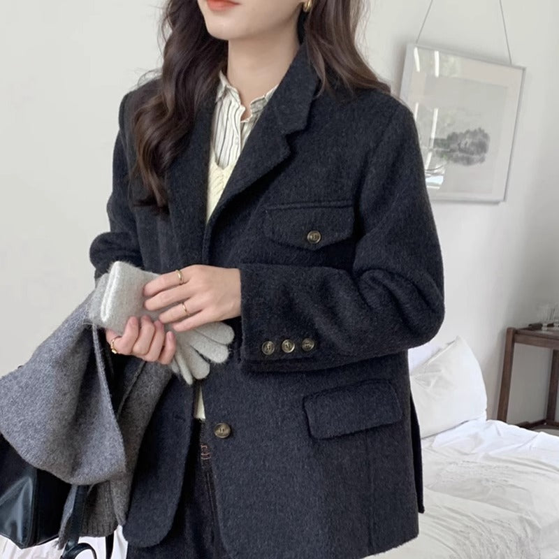 Suit style double-sided wool coat, short, small, front shoulder, thick, warm, classic cashmere woolen coat eprolo