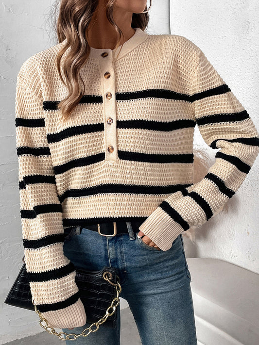 Perfee Striped Half Button Long Sleeve Sweater Trendsi