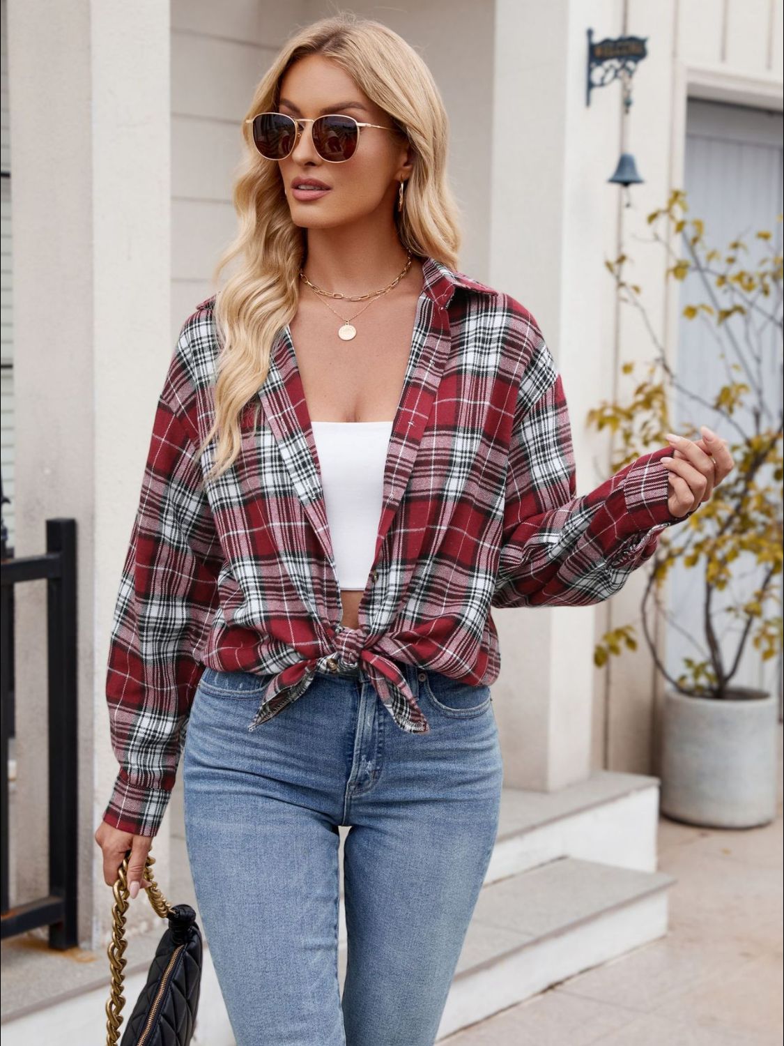 Just For Me Plaid Collared Neck Long Sleeve Shirt - House of Cardwell