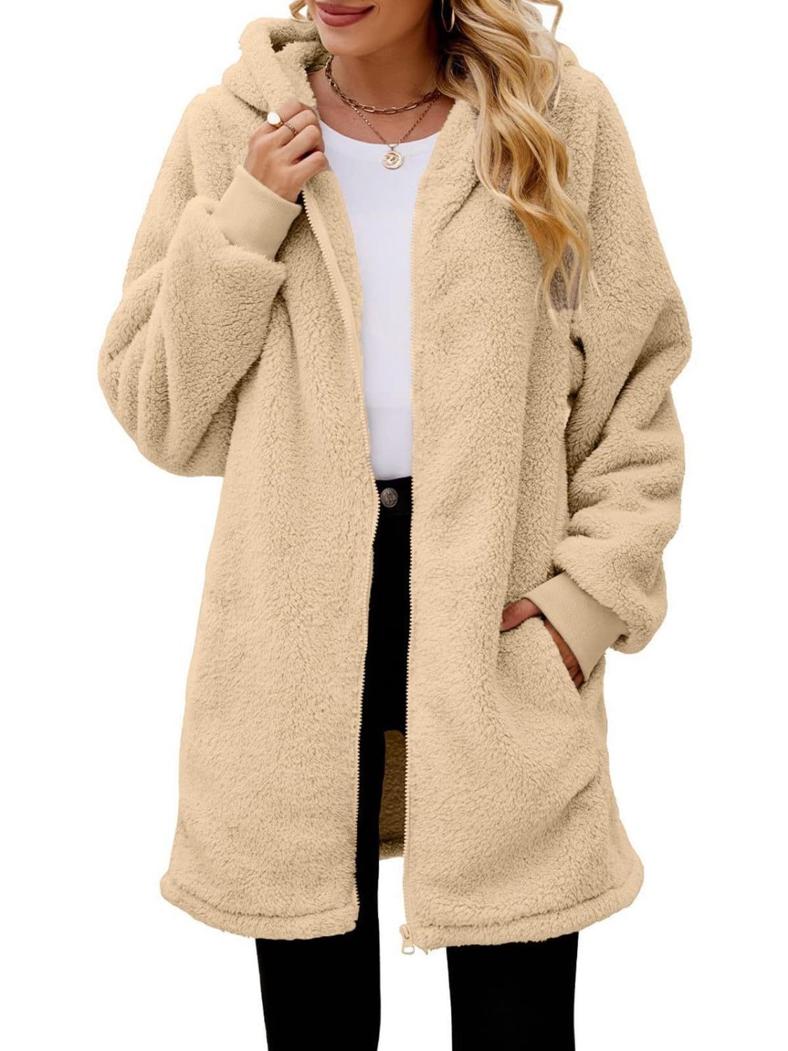 Fuzzy Pocketed Zip Up Long Sleeve Hooded Jacket Trendsi