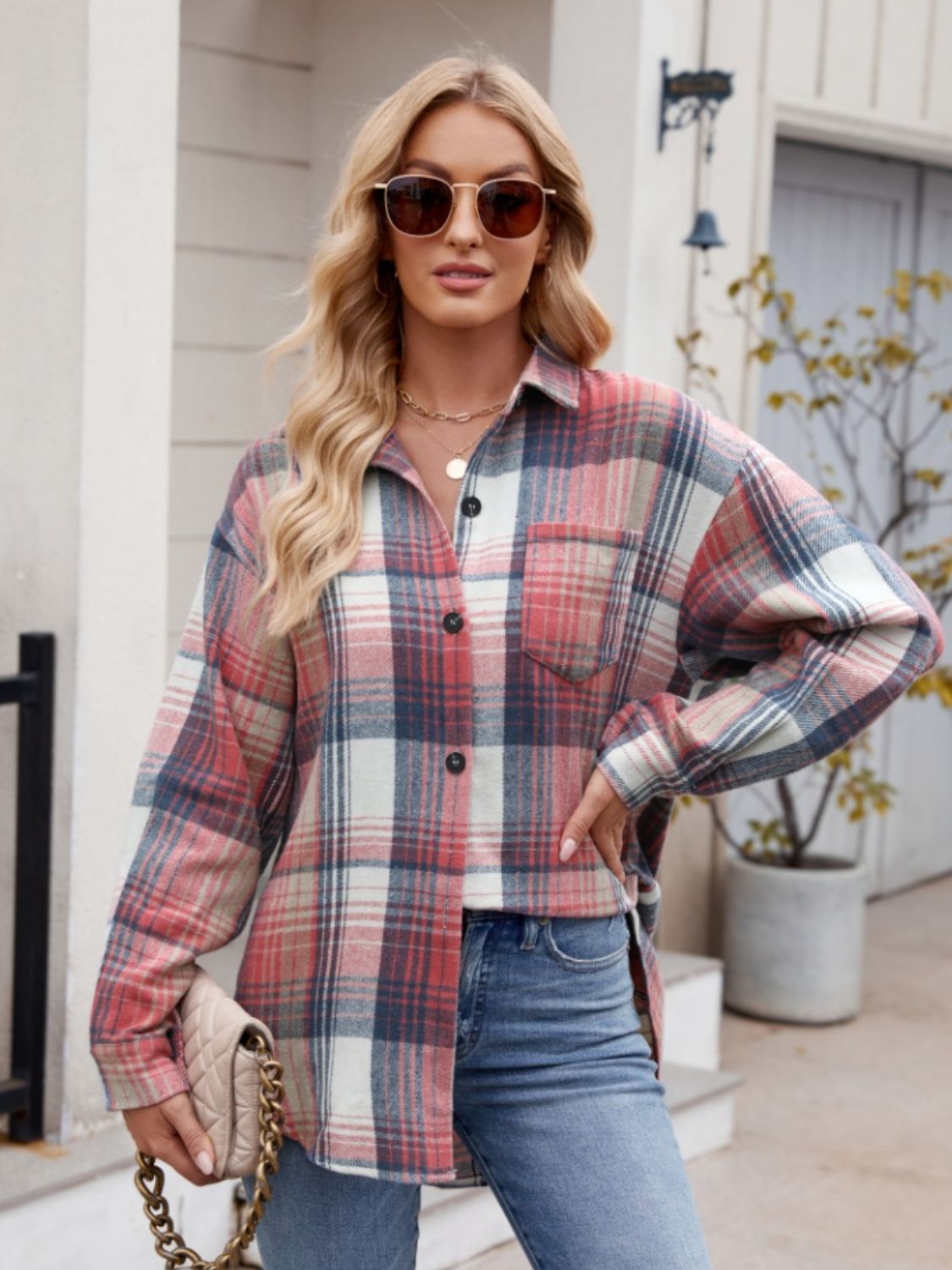 Throw -It-On Plaid Collared Neck Long Sleeve Shirt - House of Cardwell