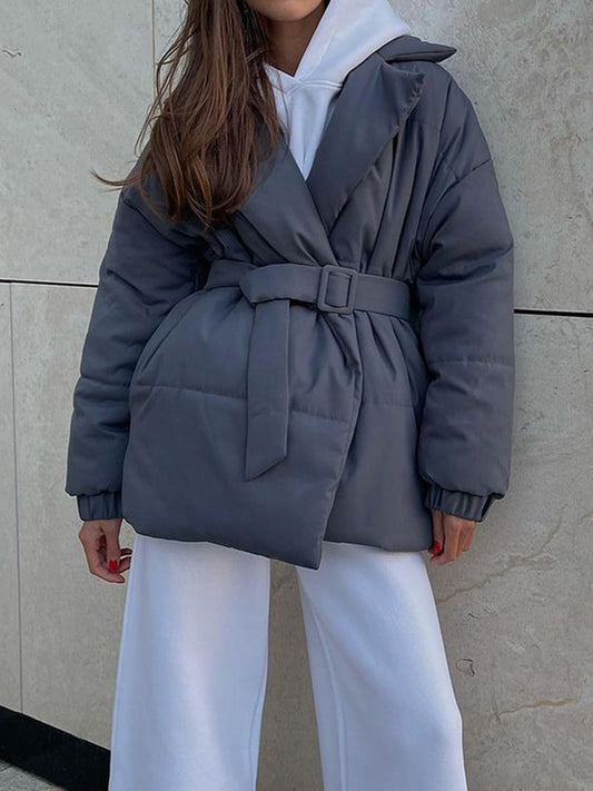 Puffer Long Sleeve Winter Coat with Belt Trendsi