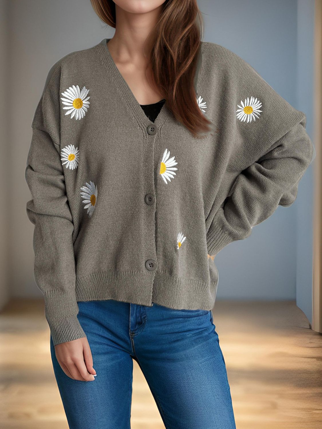 Daisy Button Up V-Neck Cardigan Trendsi