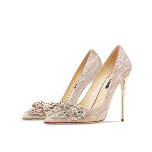 Leather Rhinestone Golden Bowknot High Heel Shoes Women's New Fine Heel Tiger Skin Bridesmaid Shoes Wedding Shoes Single Shoes - House of Cardwell
