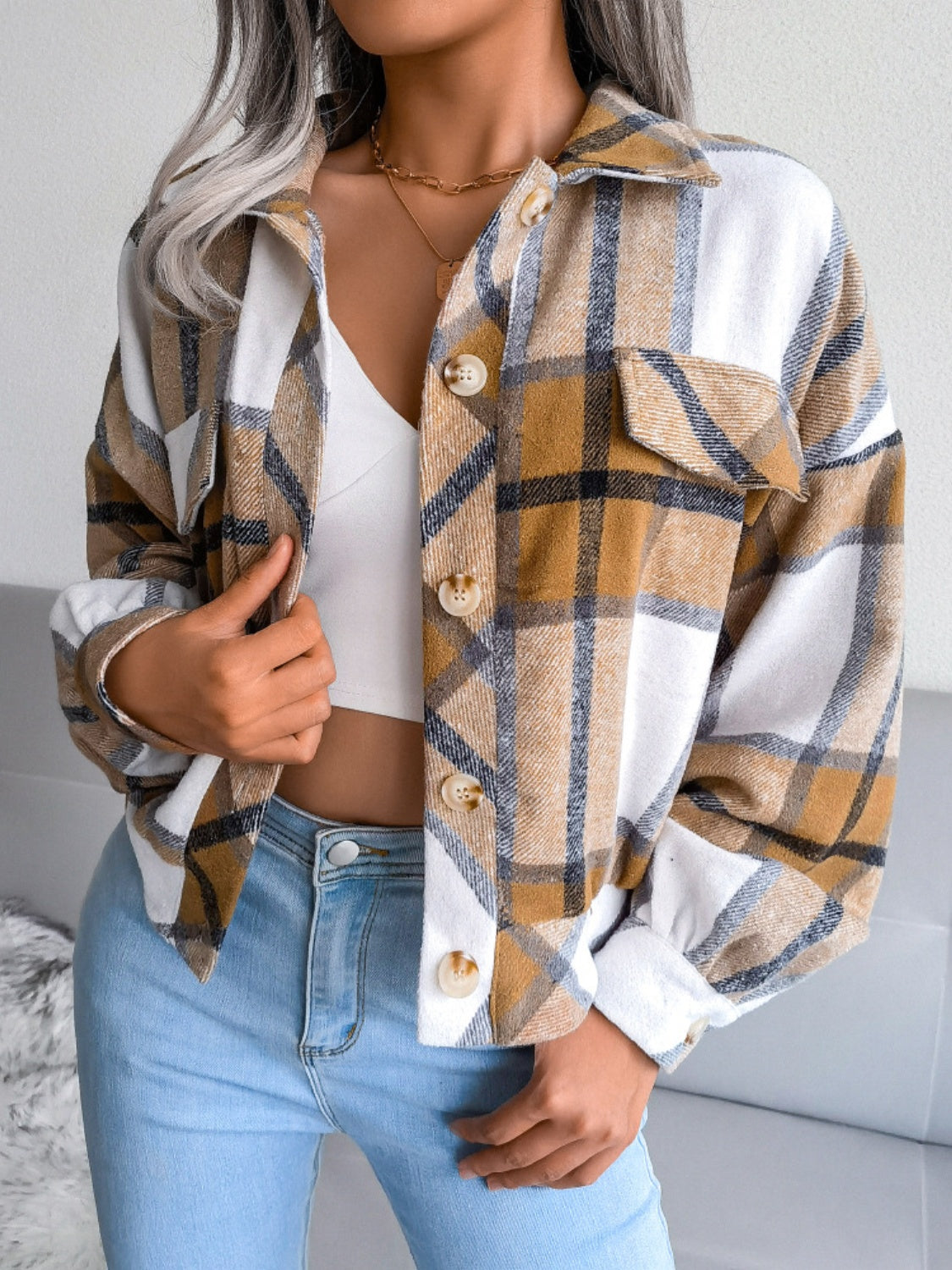 Plaid Collared Neck Long Sleeve Jacket Trendsi