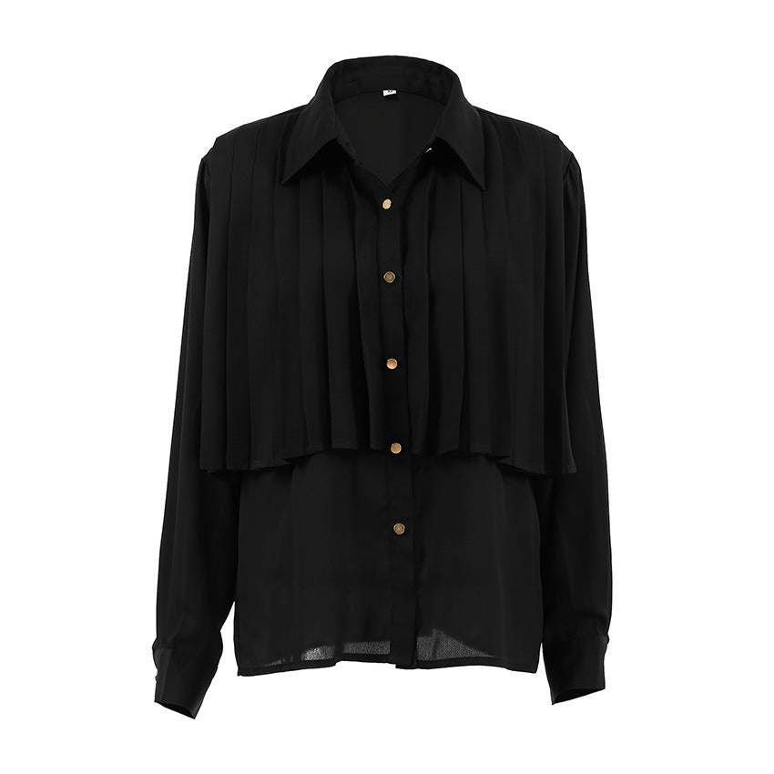 French Chiffon Pleated White Long Sleeve Commuting Professional Top eprolo