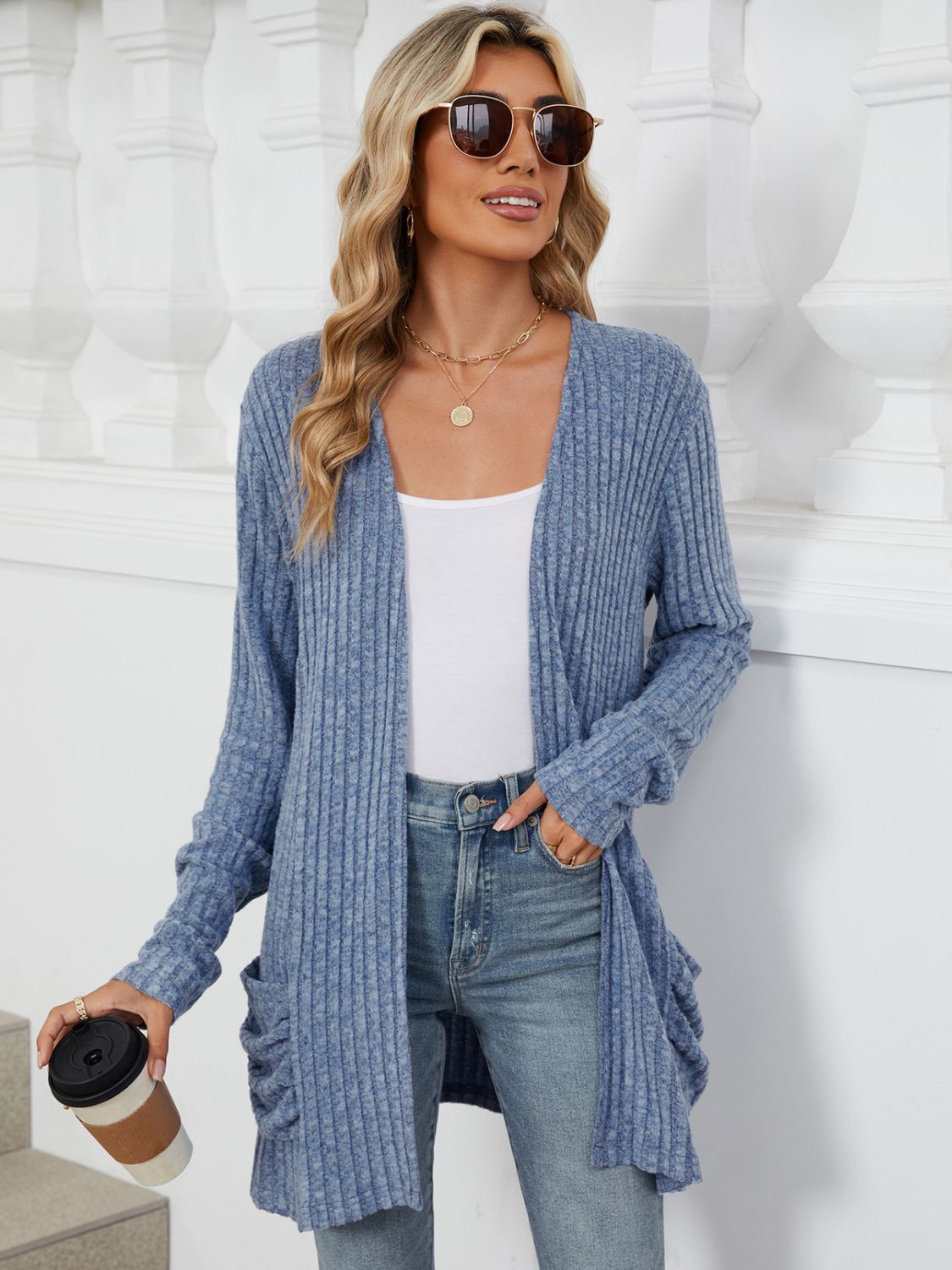 Pocketed Open Front Long Sleeve Cardigan Trendsi