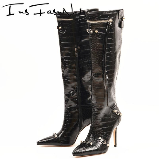 Designer Women Boots Spike High Heel Rivet Punk Motorcycle Botas Slim Tassel Black Knee Boots Buckles Zipper Decor Pointy Boots - House of Cardwell