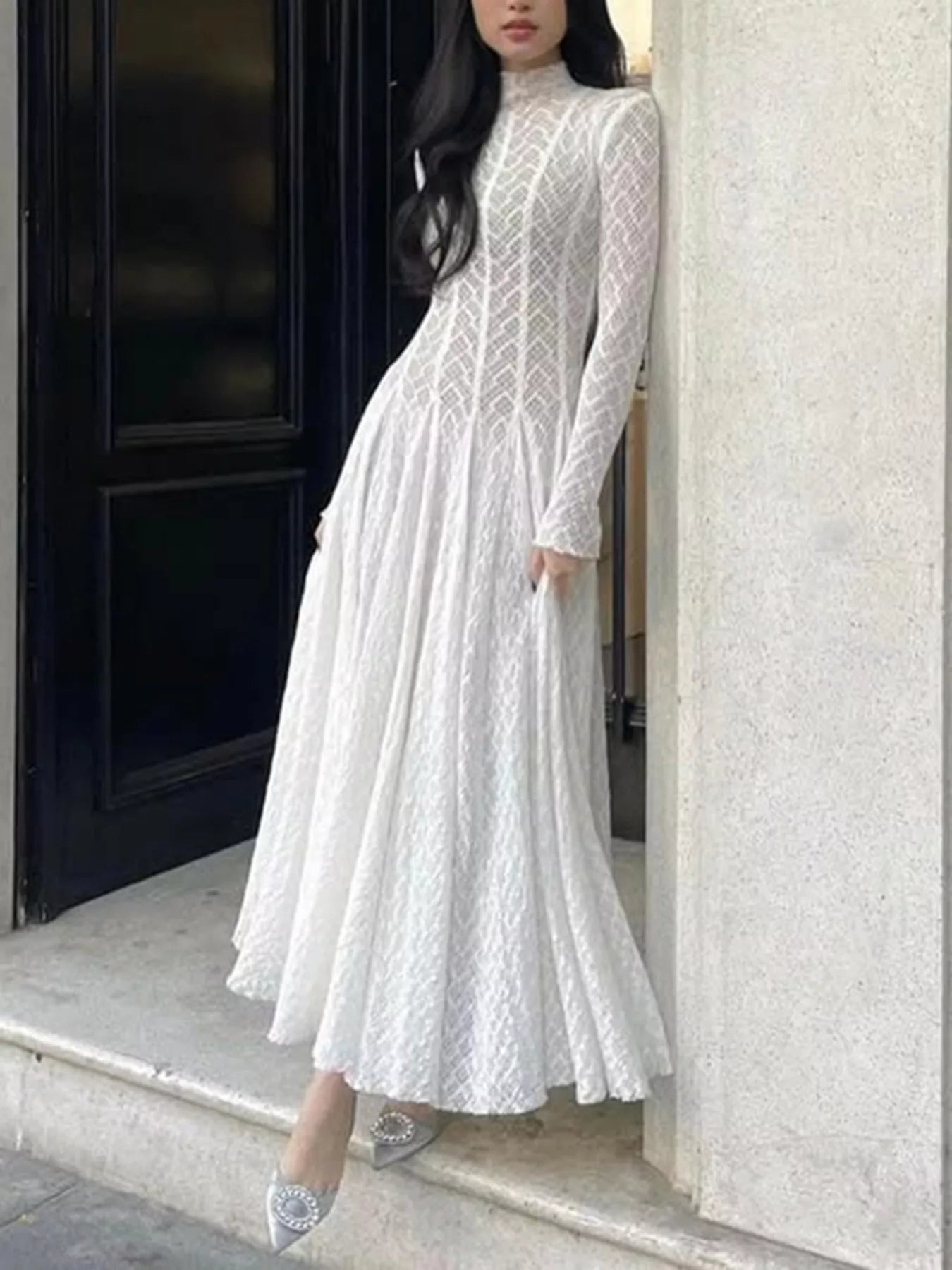 mock neck long sleeve sheer lace maxi dress AiiRZ Sheer Lace Long Sleeve Mock Neck Maxi Long DressesAiiRZ