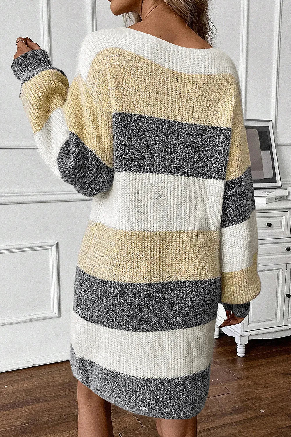 Color Block Boat Neck Long Sleeve Sweater Dress Trendsi