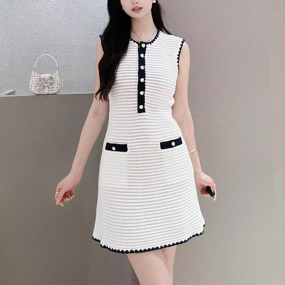 Early autumn new French niche ivory white contrasting commuting style sleeveless knitted dress short skirt for women eprolo