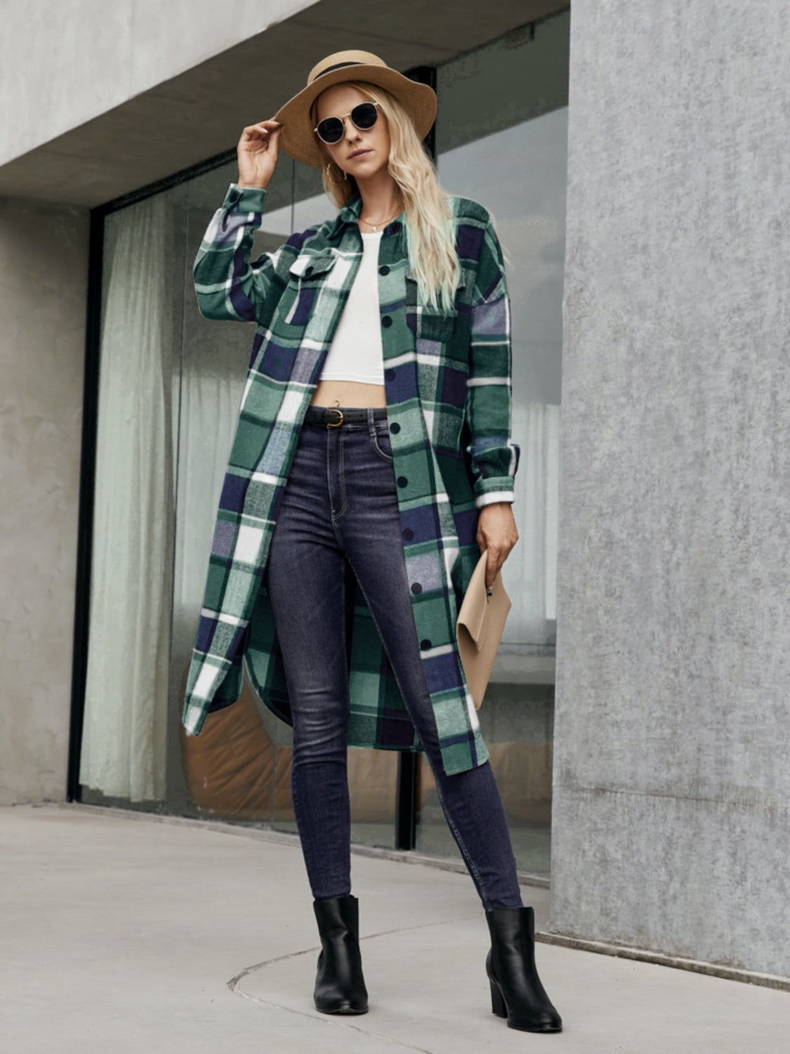 Plaid Pocketed Button Up Trench Coat Trendsi